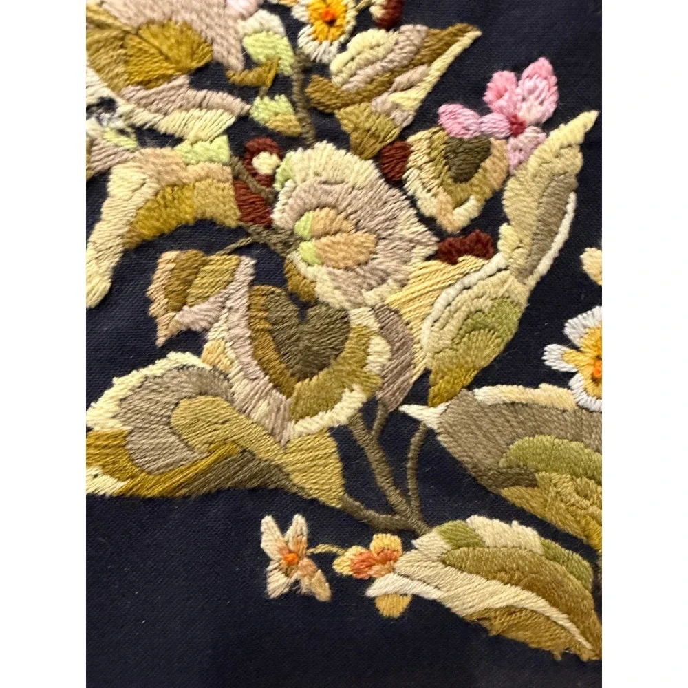 Vintage Crewel Embroidery Hummingbird Floral Wall Art Hand Stitched Textile